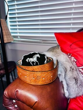 Tooled Leather Western Belt with Horse Buckle